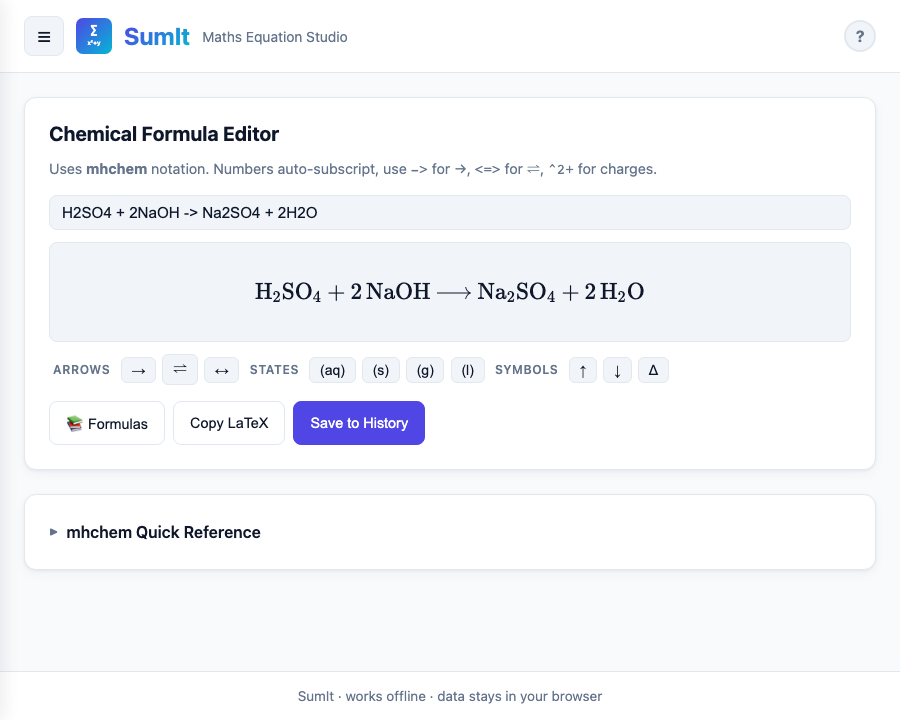 SumIt chemistry interface showing a balanced chemical equation