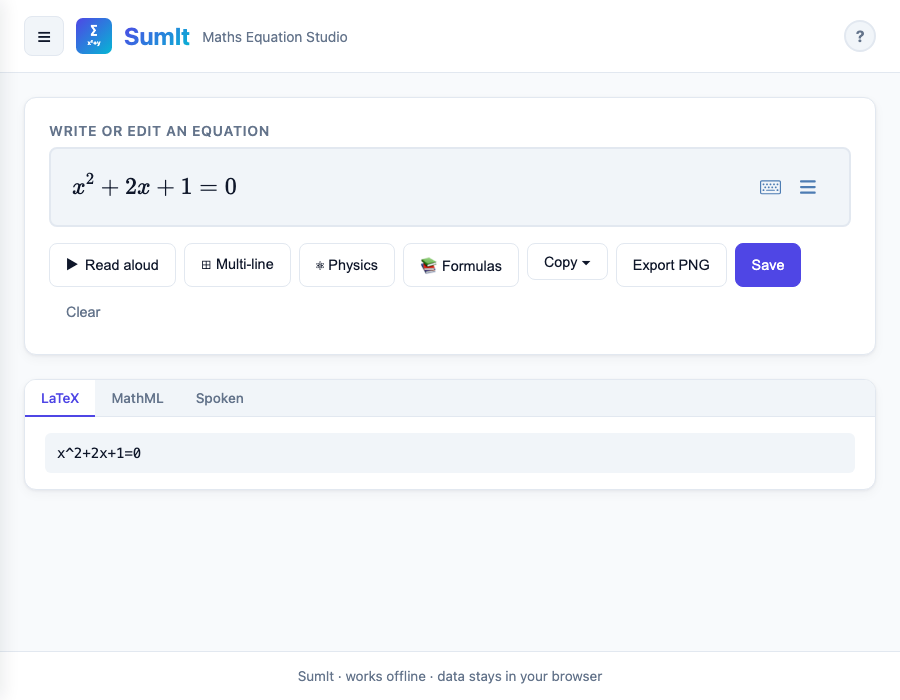 SumIt editor interface showing maths and chemistry notation