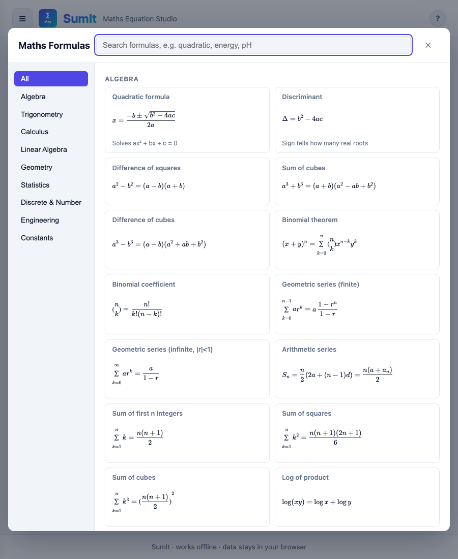SumIt formula library showing searchable maths and science formulas